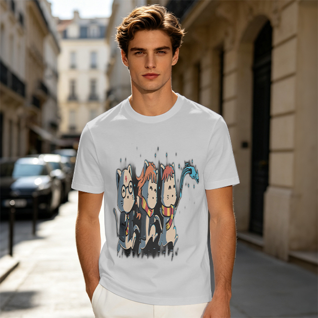 Olive T-Shirt With Harry Potter Themed Cat Trio Print