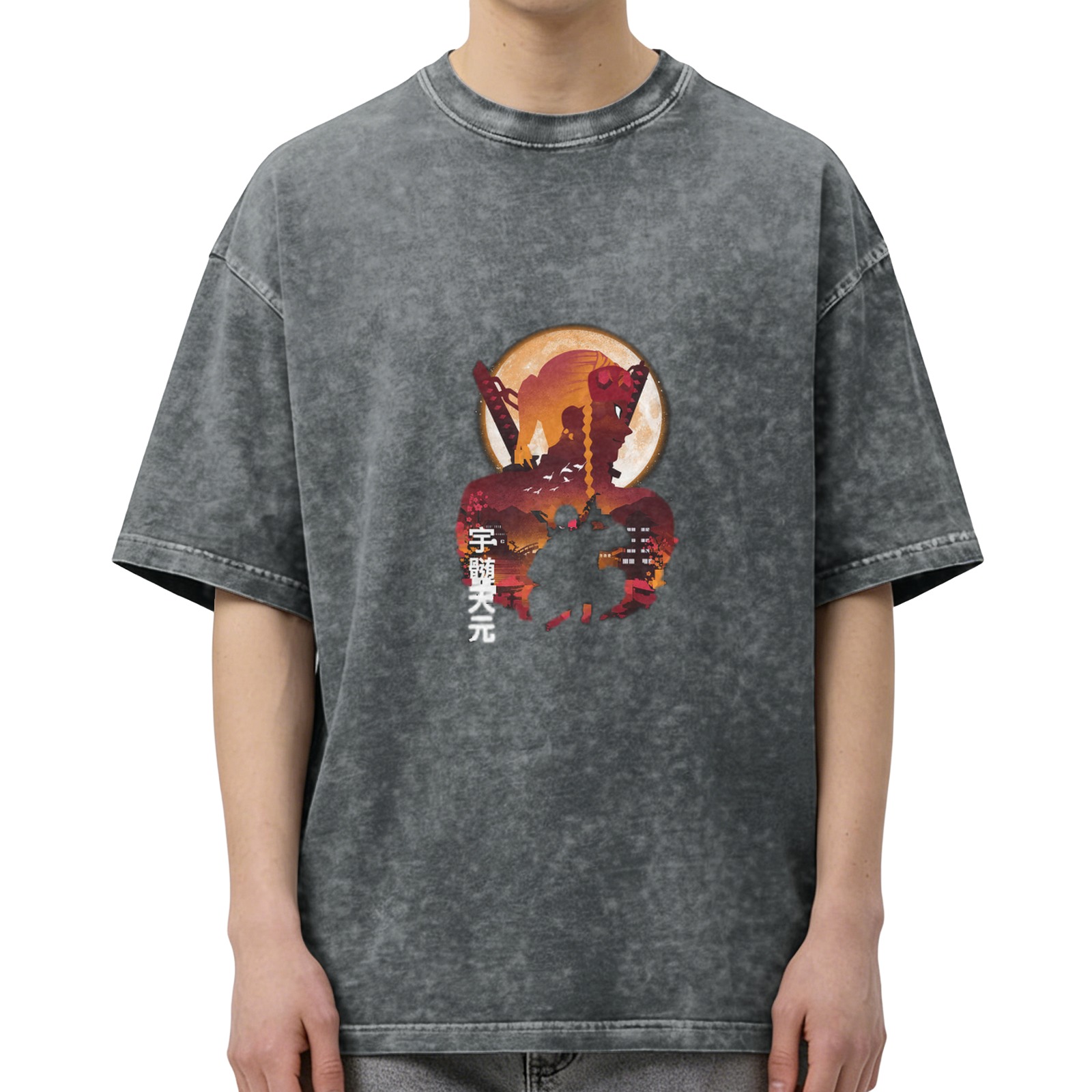 Demon Slayer: Kimetsu no Yaiba Umui Tengen themed distressed washed black short-sleeved T-shirt