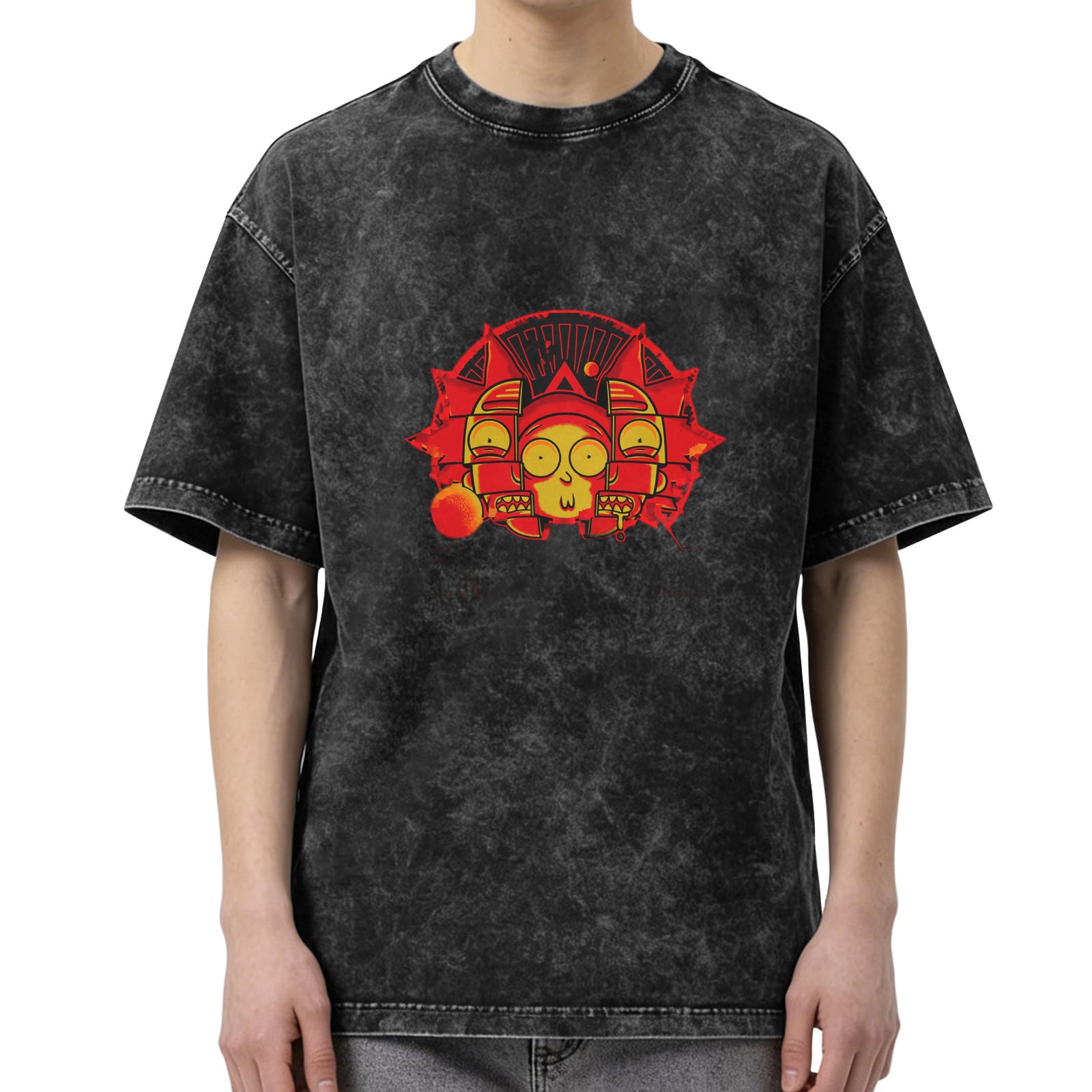 Washed Black T-Shirt With Red And Yellow Cartoon Graphic Print