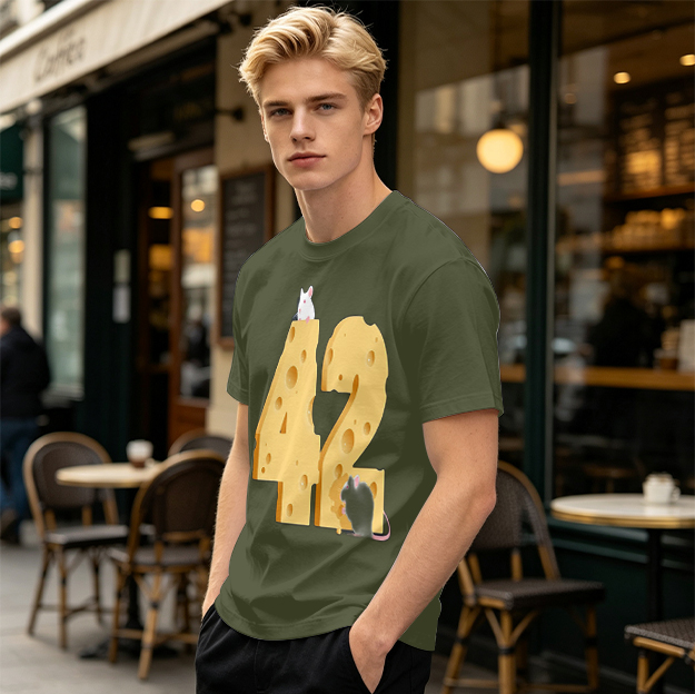 Olive T-Shirt With Cheese Number 42 And Mice Graphic