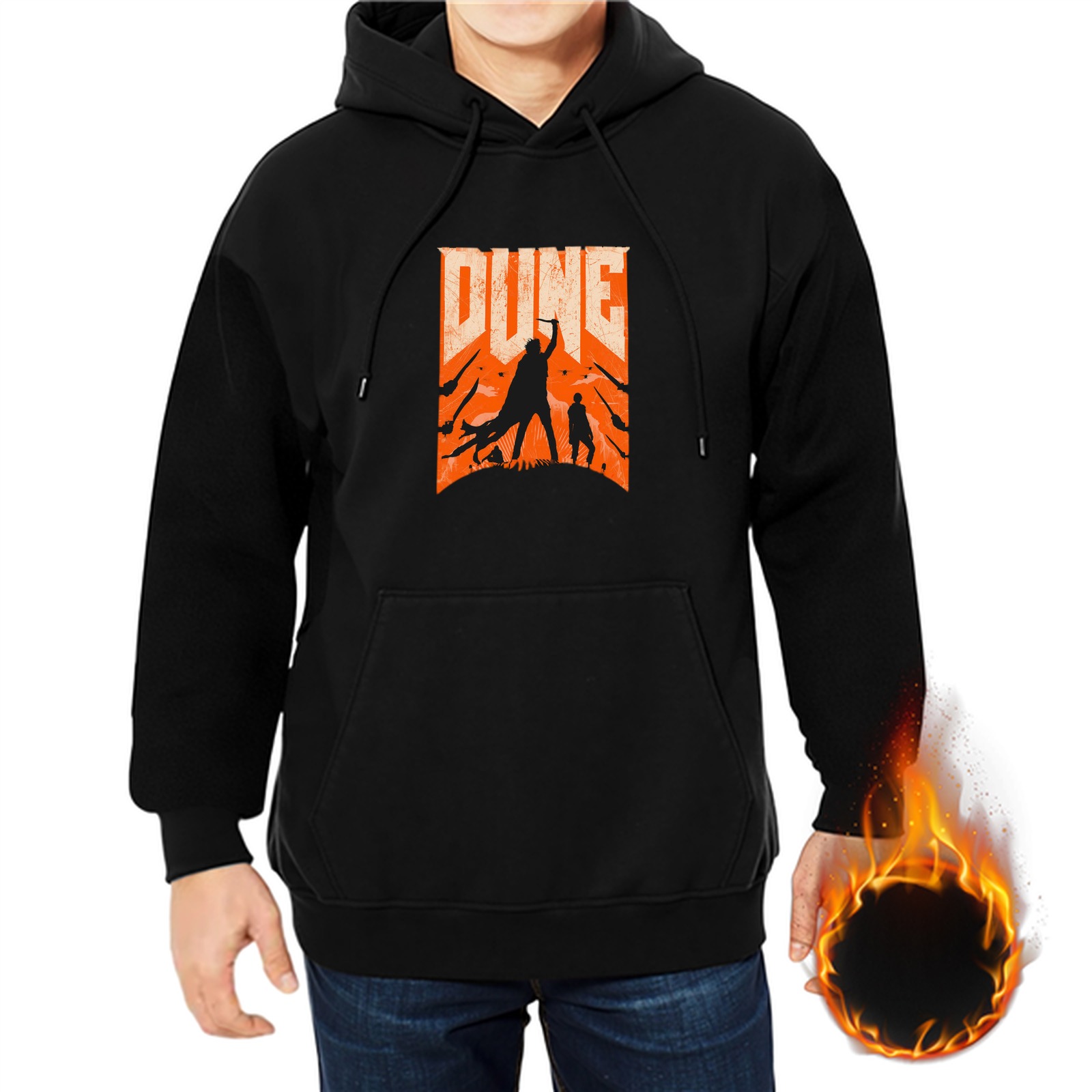 Dune Themed Black Hoodie With Sci-Fi Warrior Silhouette Art