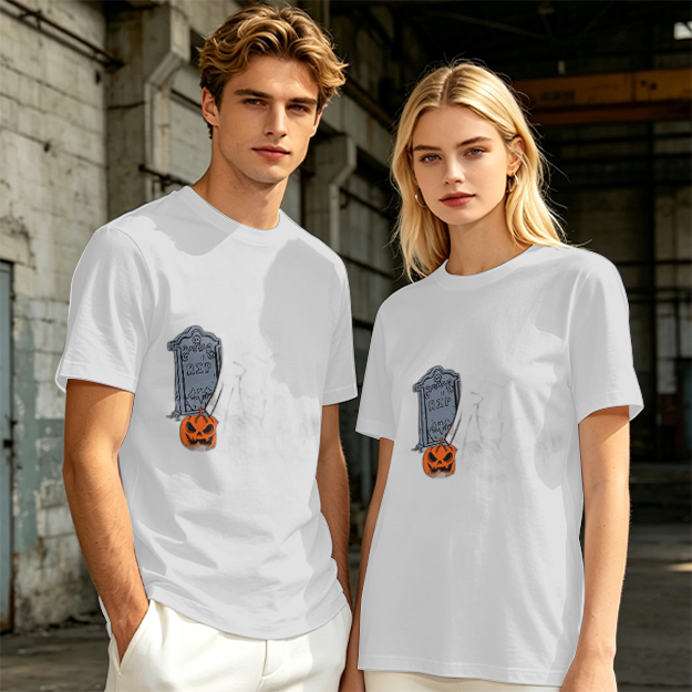 Olive Halloween Graphic T-Shirt with Tombstone and Jack-o'-Lantern
