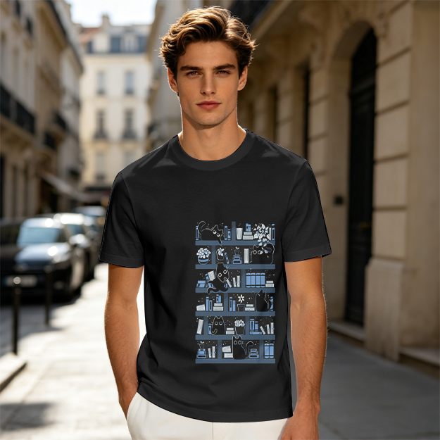 Olive Green T-Shirt With Black Cats On Bookshelves Graphic