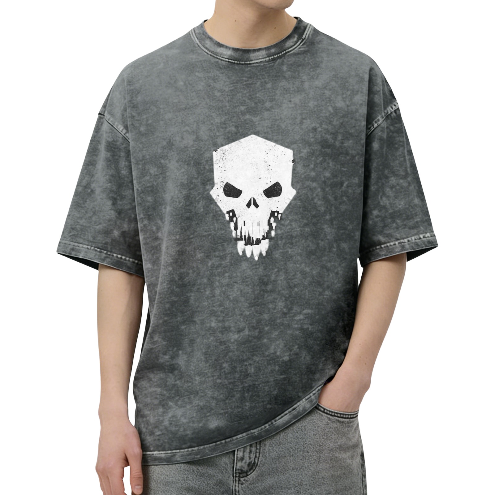 Oversized Acid Wash T-Shirt With Geometric Skull Graphic