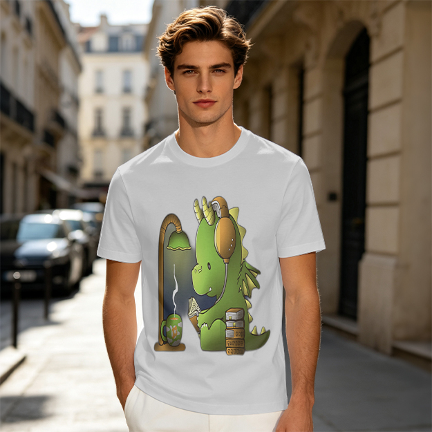 Olive T-Shirt with Cute Dragon Reading and Wearing Headphones