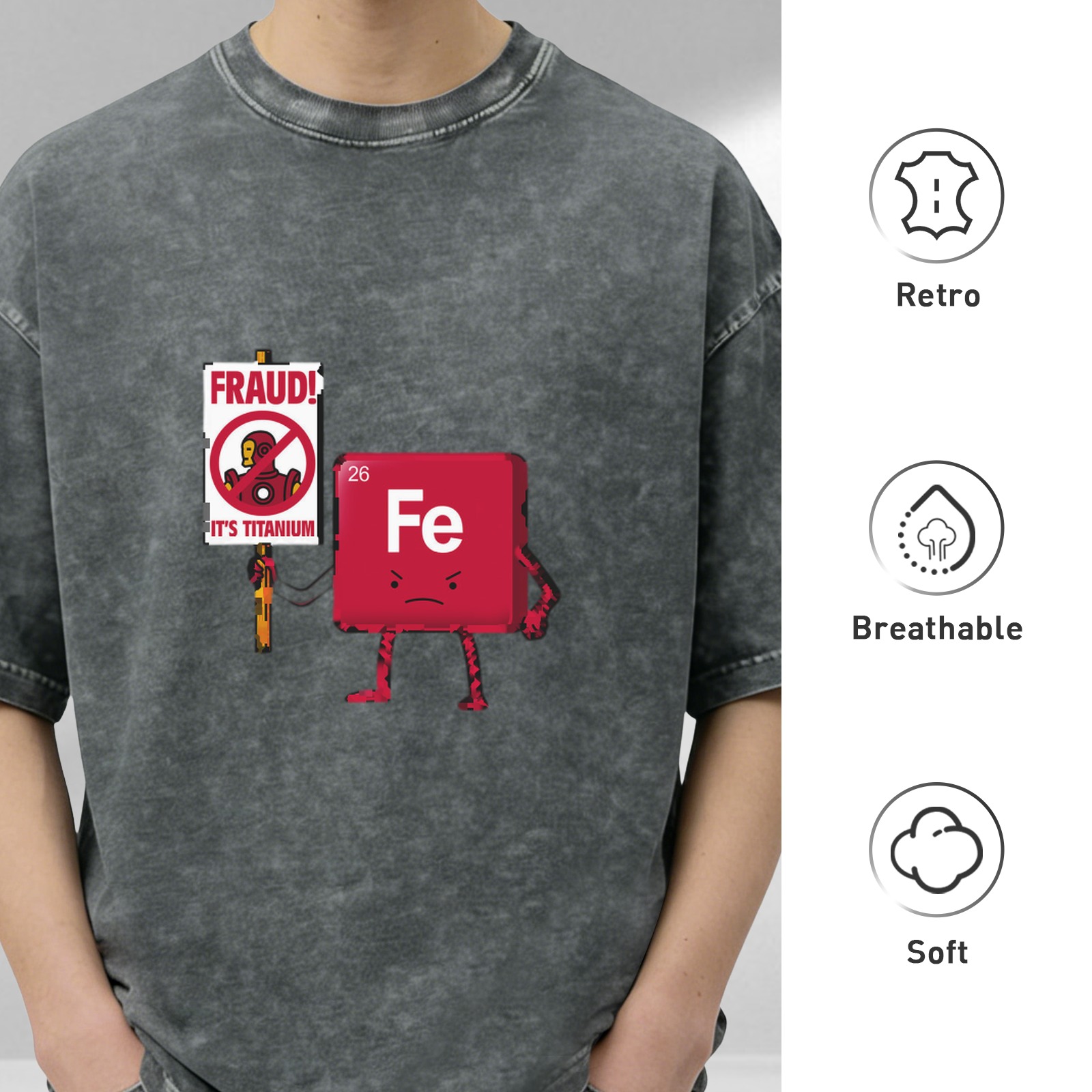Oversized Acid Wash T-Shirt with Funny Iron Man Titanium vs Iron Element Graphic