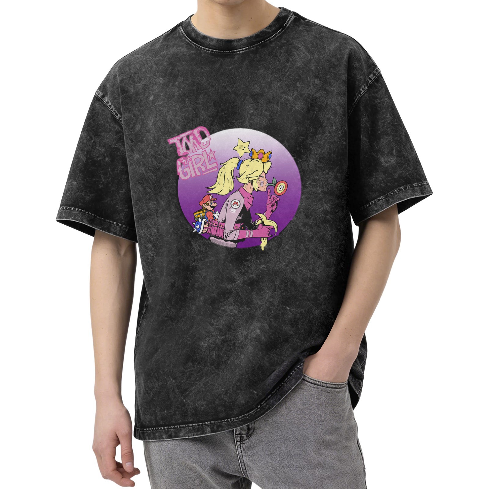 acid wash t-shirt with mario kart princess peach graphic