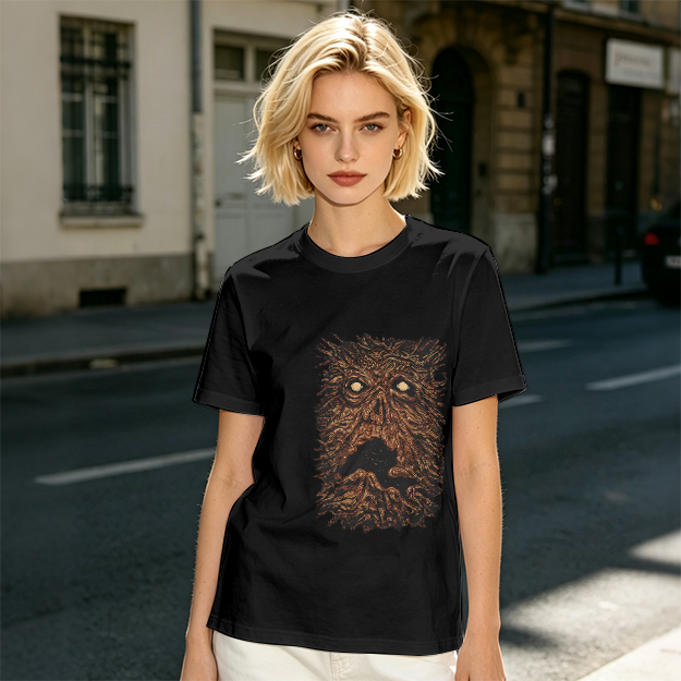 Olive Green T-Shirt with Spooky Tree Monster Face Print