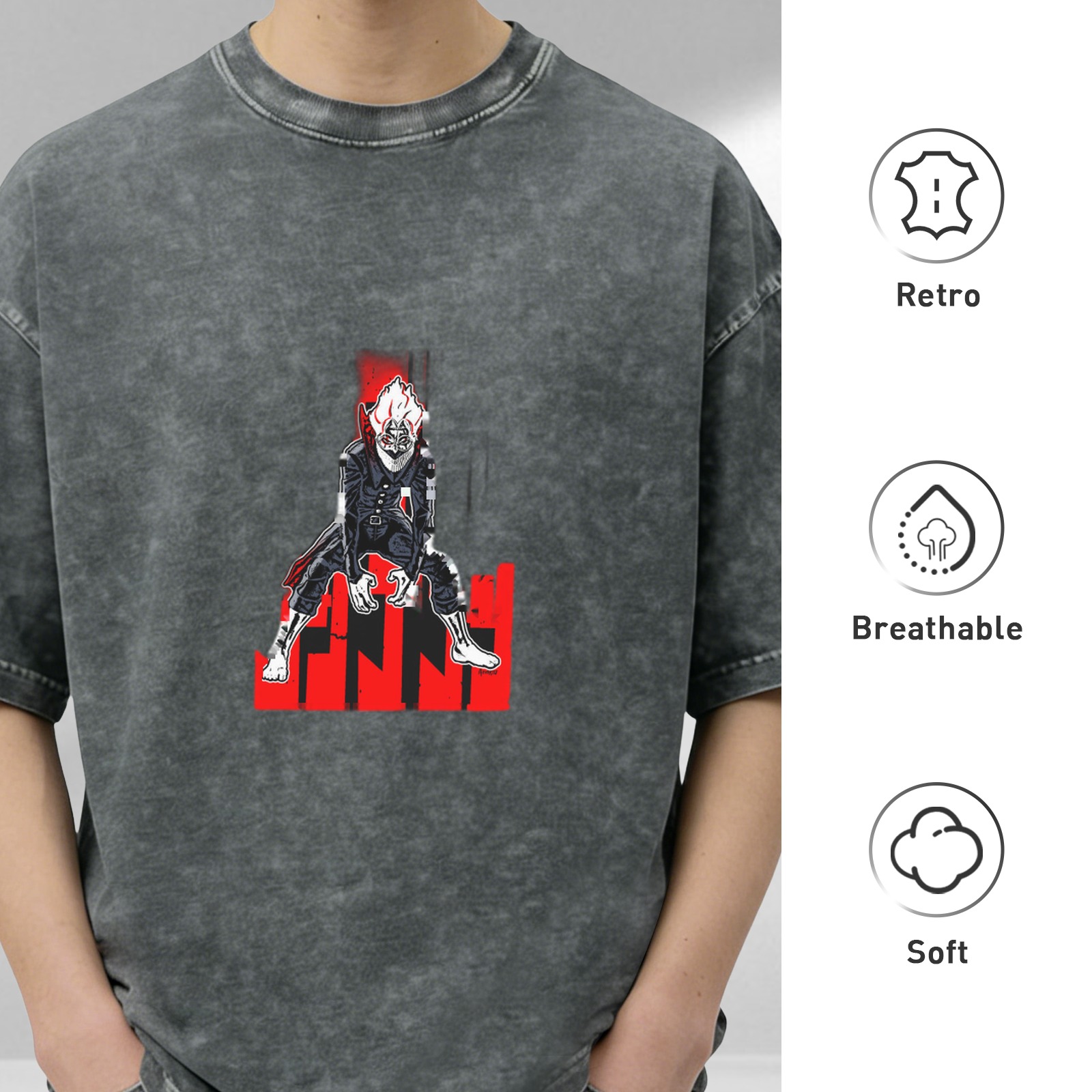 Oversized dark washed graphic t-shirt with anime villain print