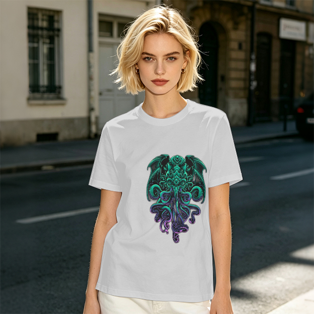 Olive Green T-Shirt With Cthulhu Octopus Dragon Graphic