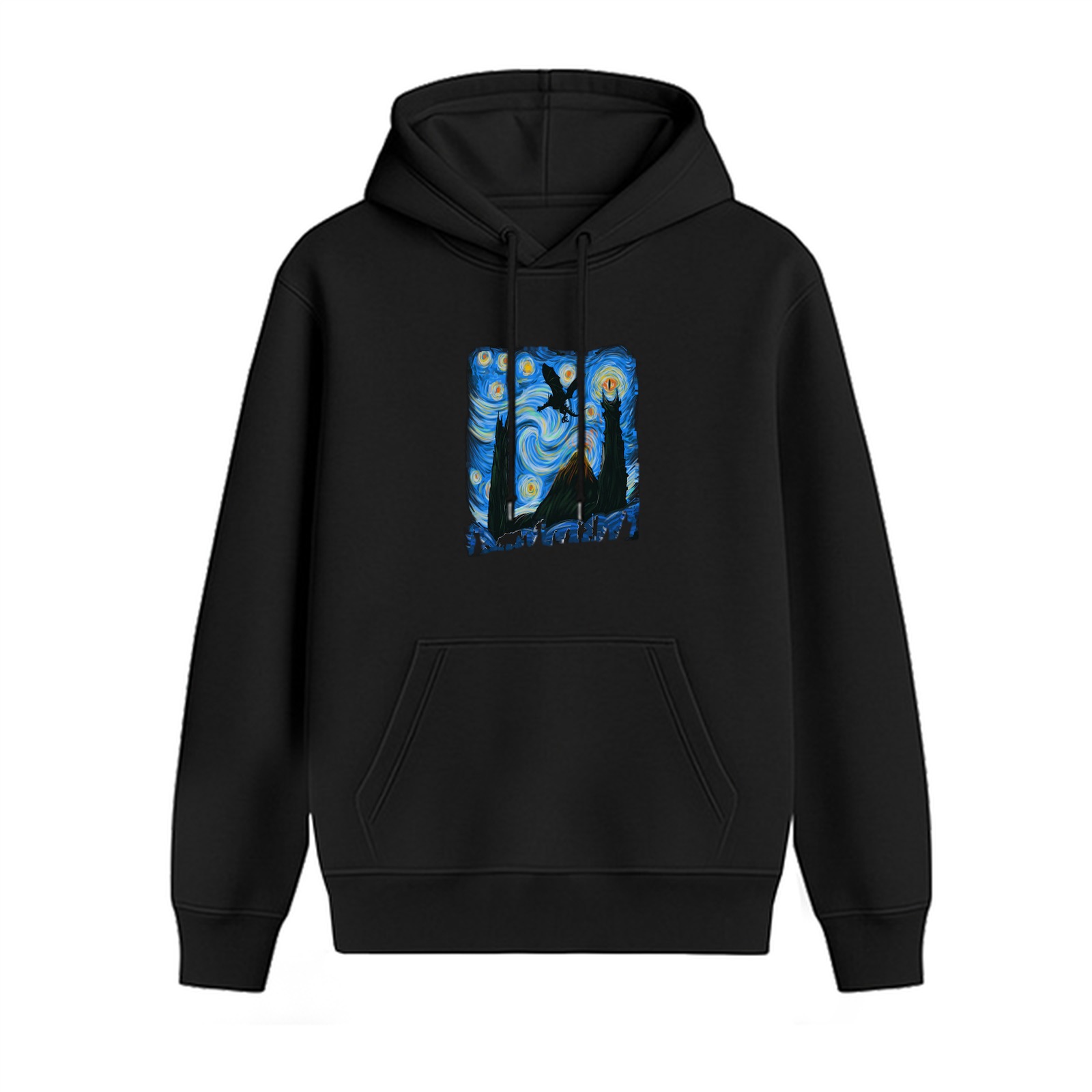 Black hoodie with Starry Night style fantasy landscape print