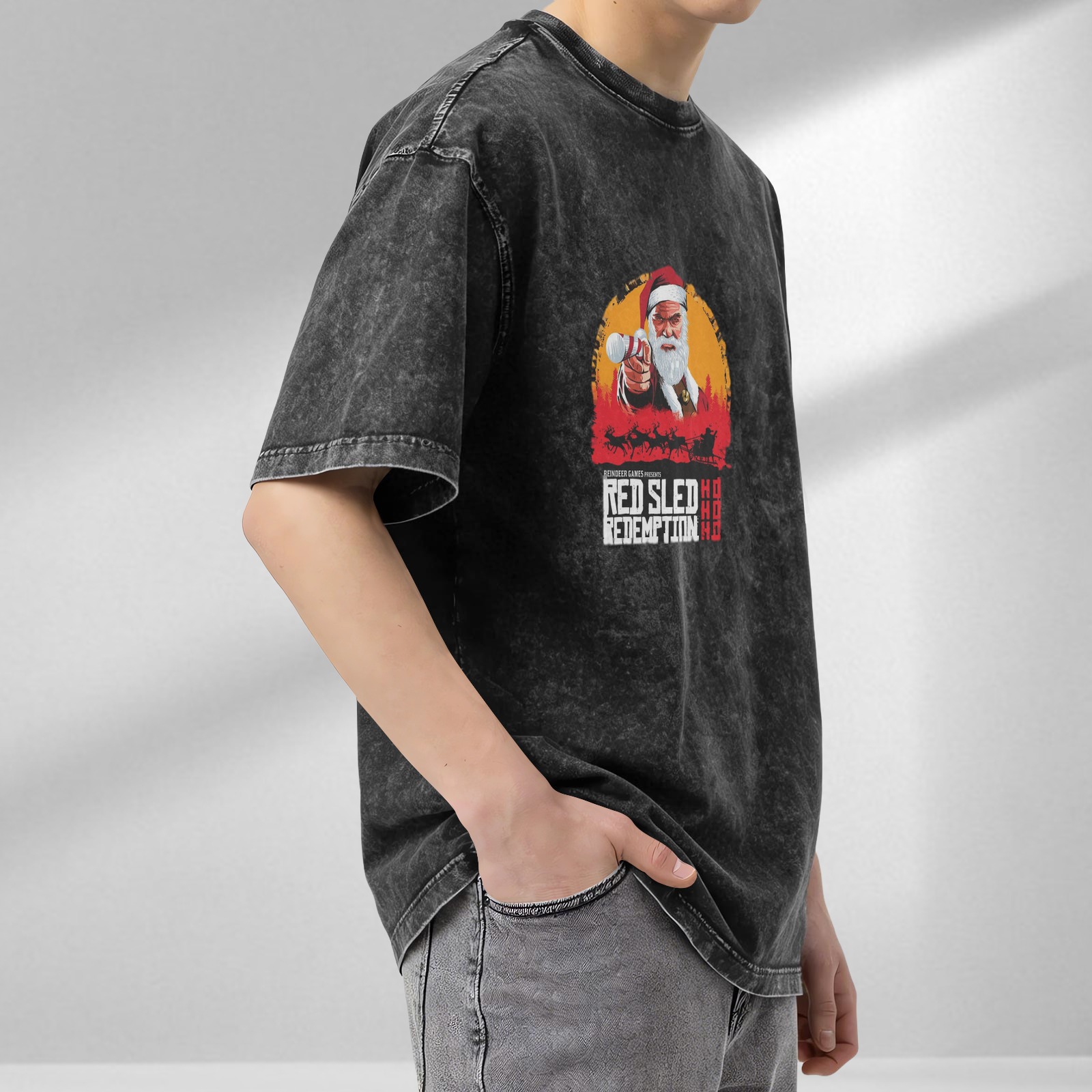 Red Sled Redemption Santa Graphic Vintage Wash T-Shirt