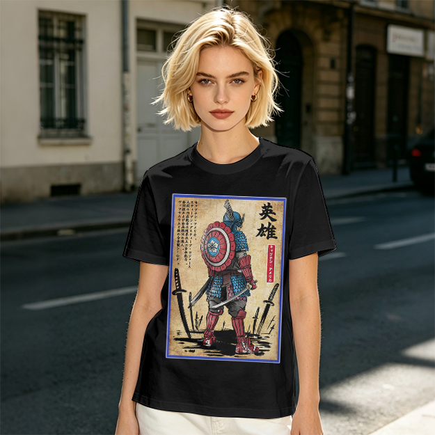 Olive T-shirt with Samurai Captain America Hero Art Print