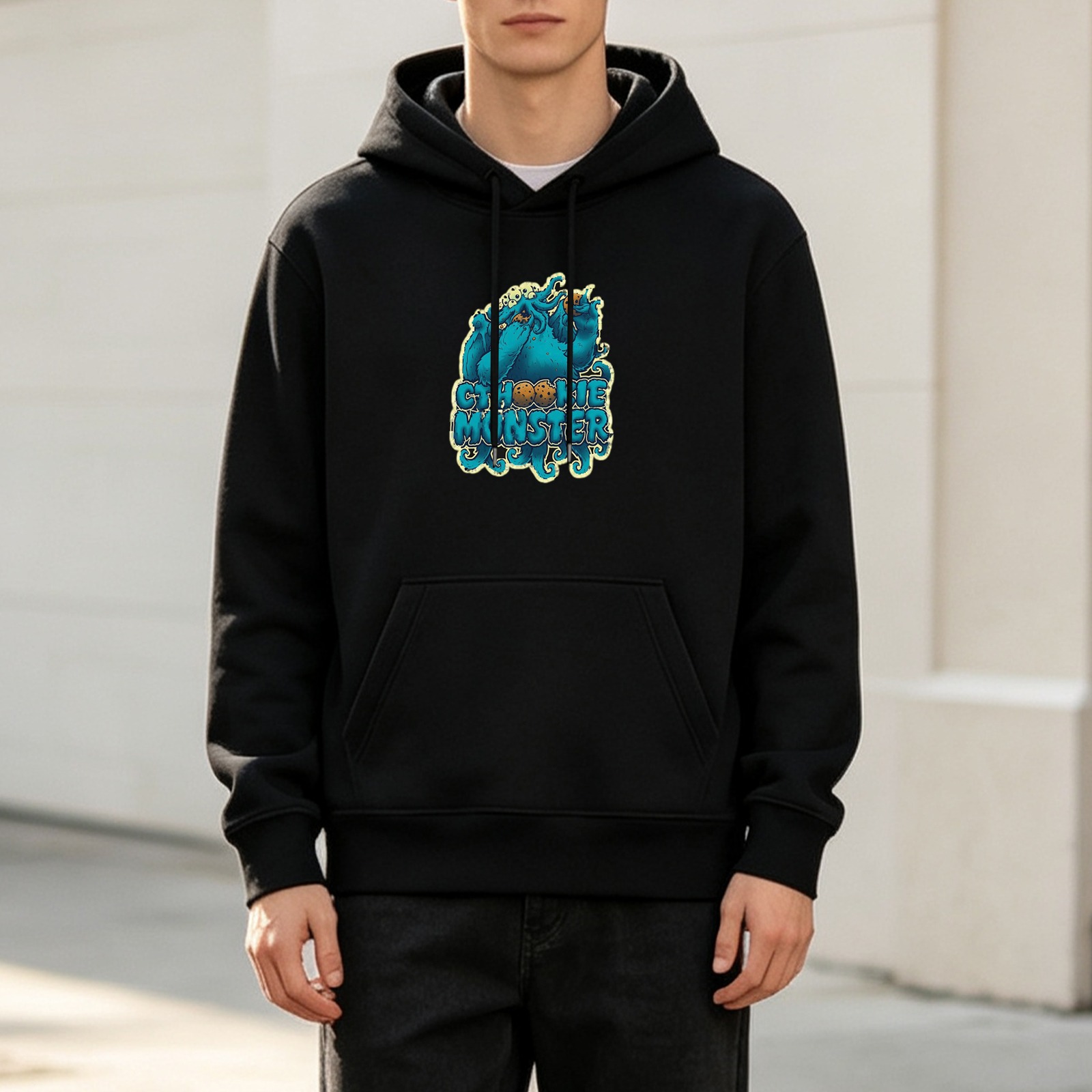 Black hoodie with Cookie Monster graphic print