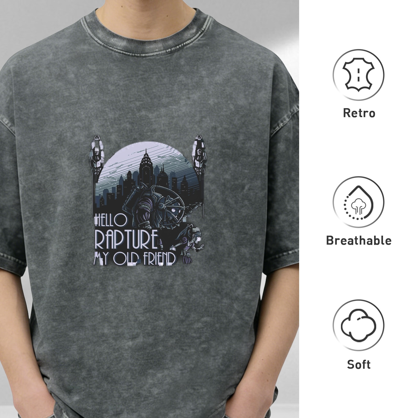 Oversized Vintage Wash T-Shirt with BioShock 'Hello Rapture My Old Friend' Graphic Print