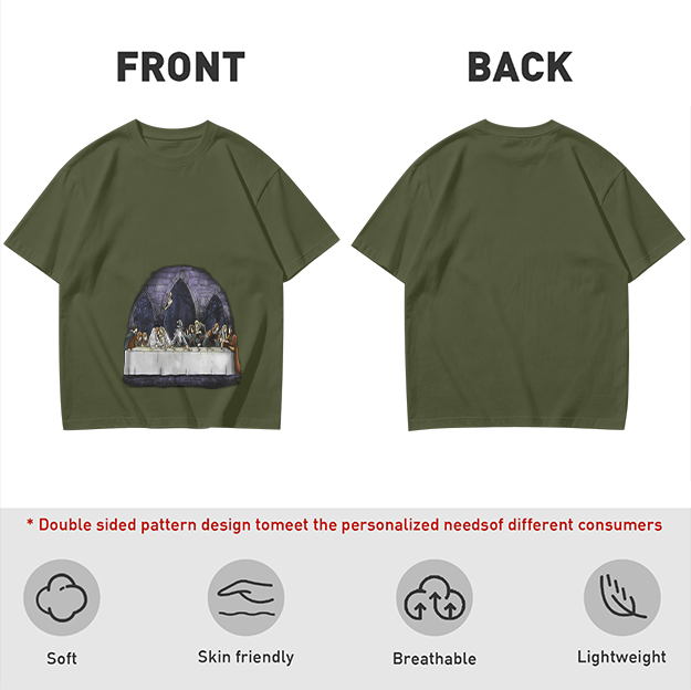 Olive Green T-Shirt with Skeletal Last Supper Graphic Print