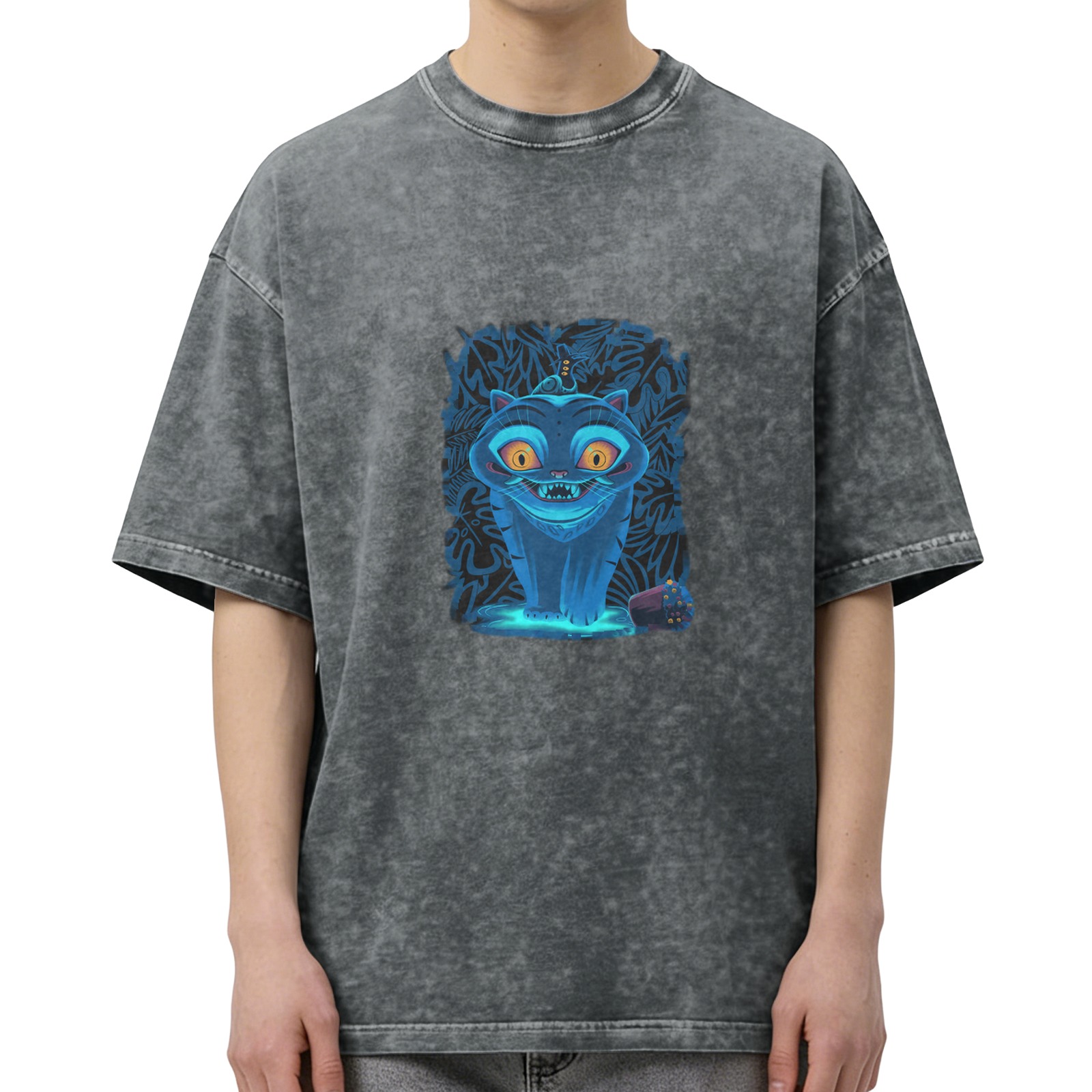 Distressed washed black loose short-sleeved T-shirt Cheshire Cat print