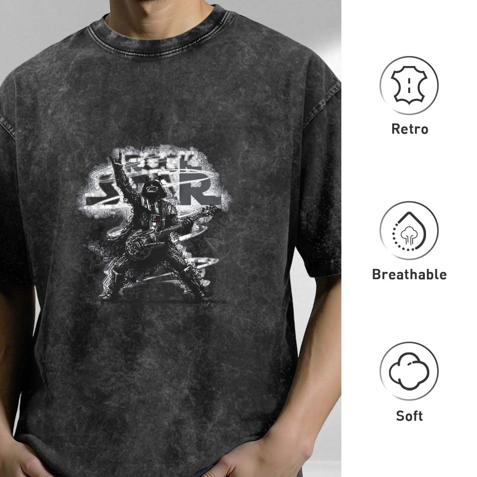 Distressed black rock and roll themed printed short-sleeved T-shirt