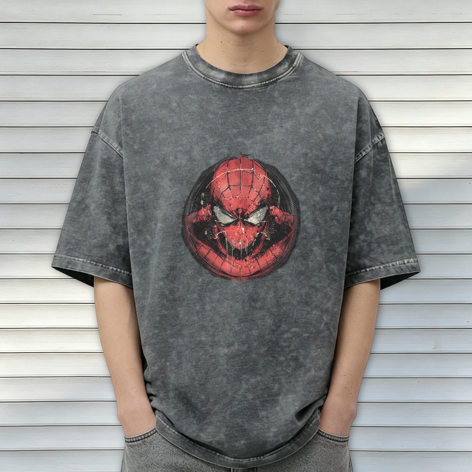Washed Black Oversized T-Shirt with Distressed Spider-Man Mask Graphic