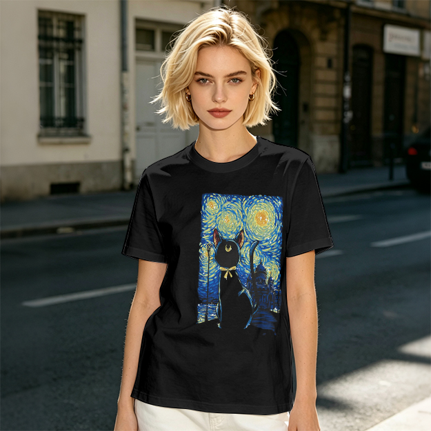 Olive T-Shirt with Starry Night Cat Art Print