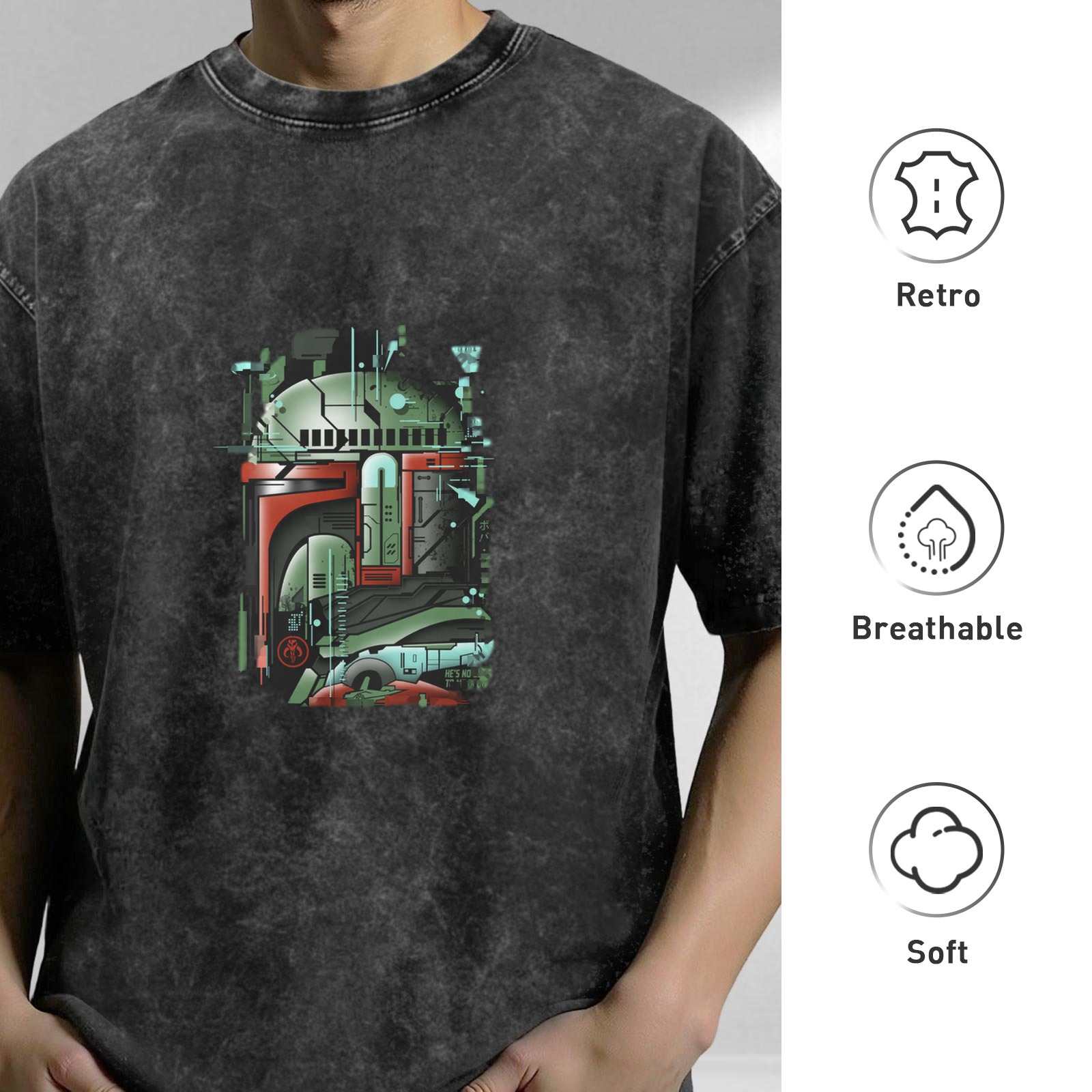 Star Wars Boba Fett Helmet Graphic Oversized Stone Wash T-Shirt