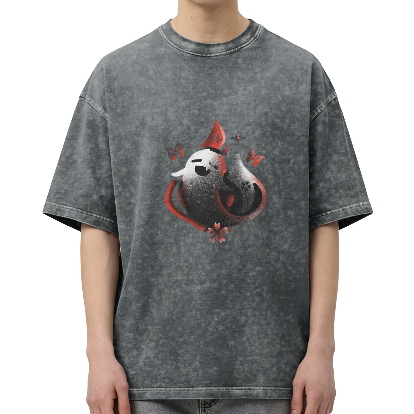 Washed black graphic t-shirt with cute ghost and fox print