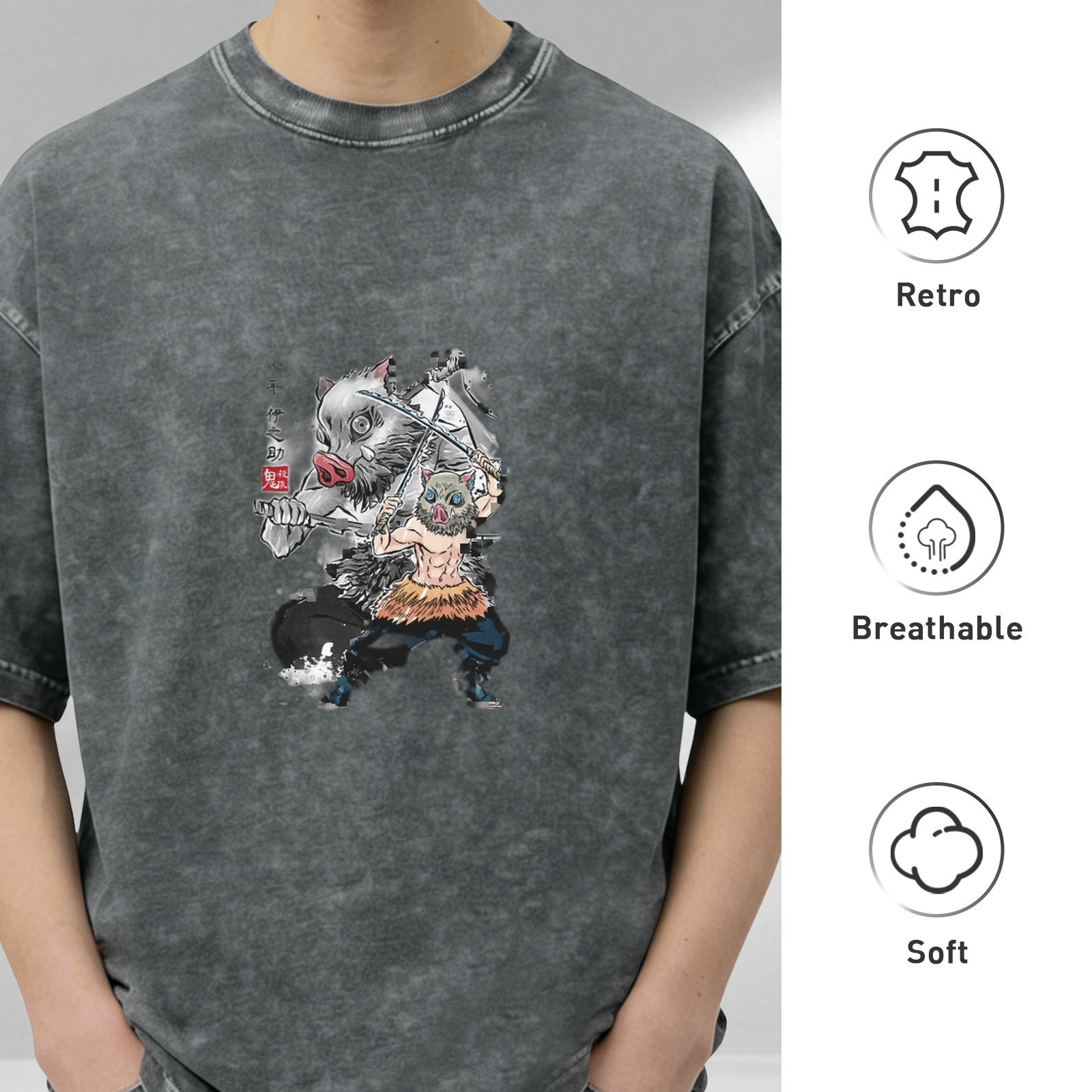 oversized washed anime graphic t-shirt with boar mask character design
