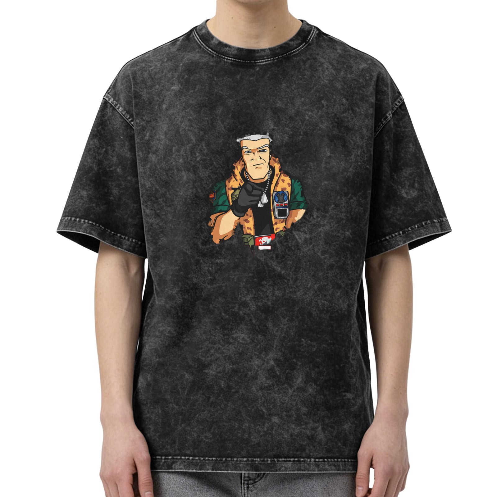 Oversized acid wash graphic t-shirt with cartoon military character print