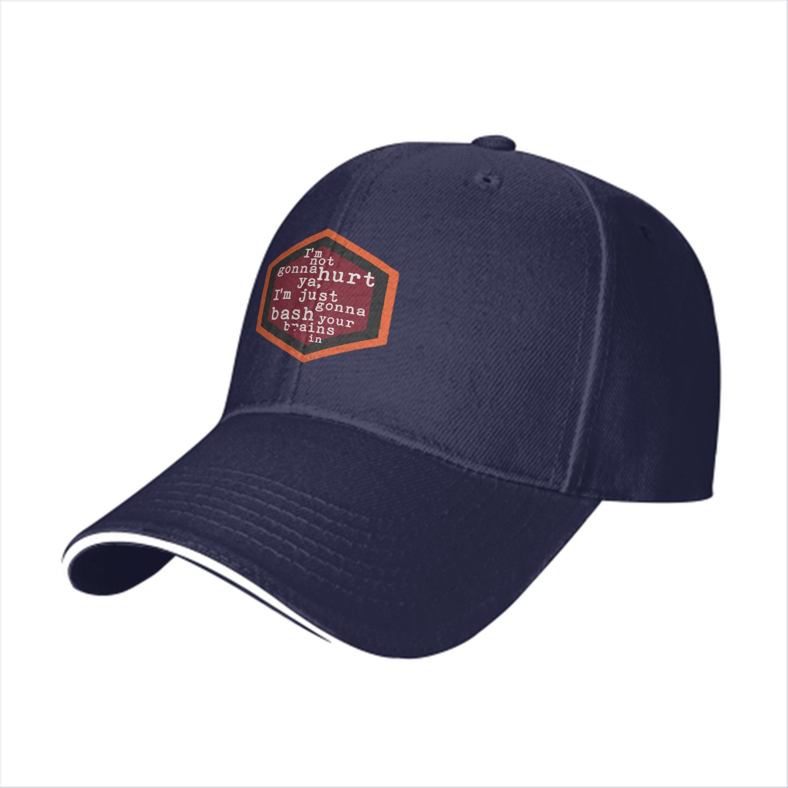 Black baseball cap with humorous hexagon text graphic