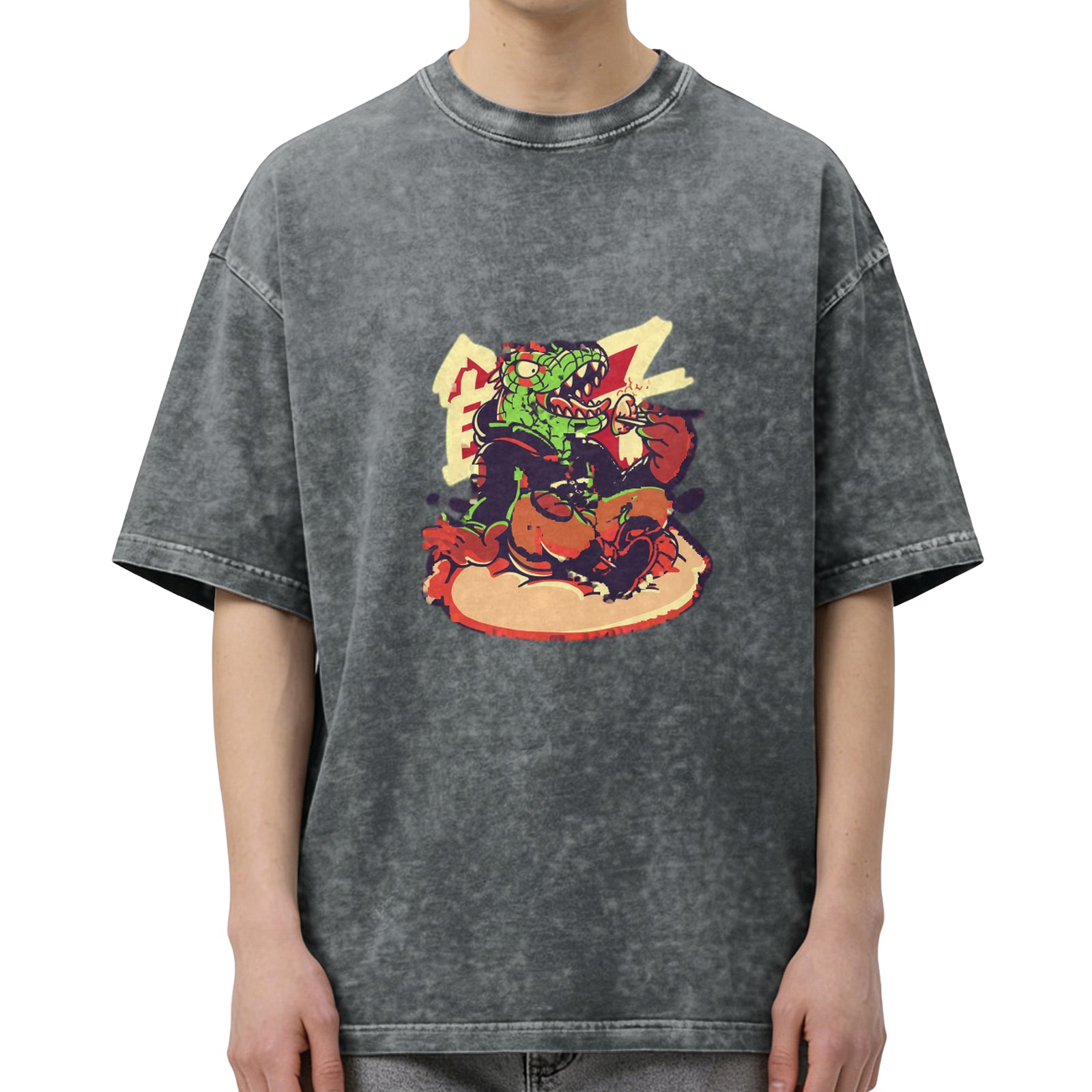 Oversized Acid Wash T-Shirt With Cartoon Crocodile Eating Burger Graphic