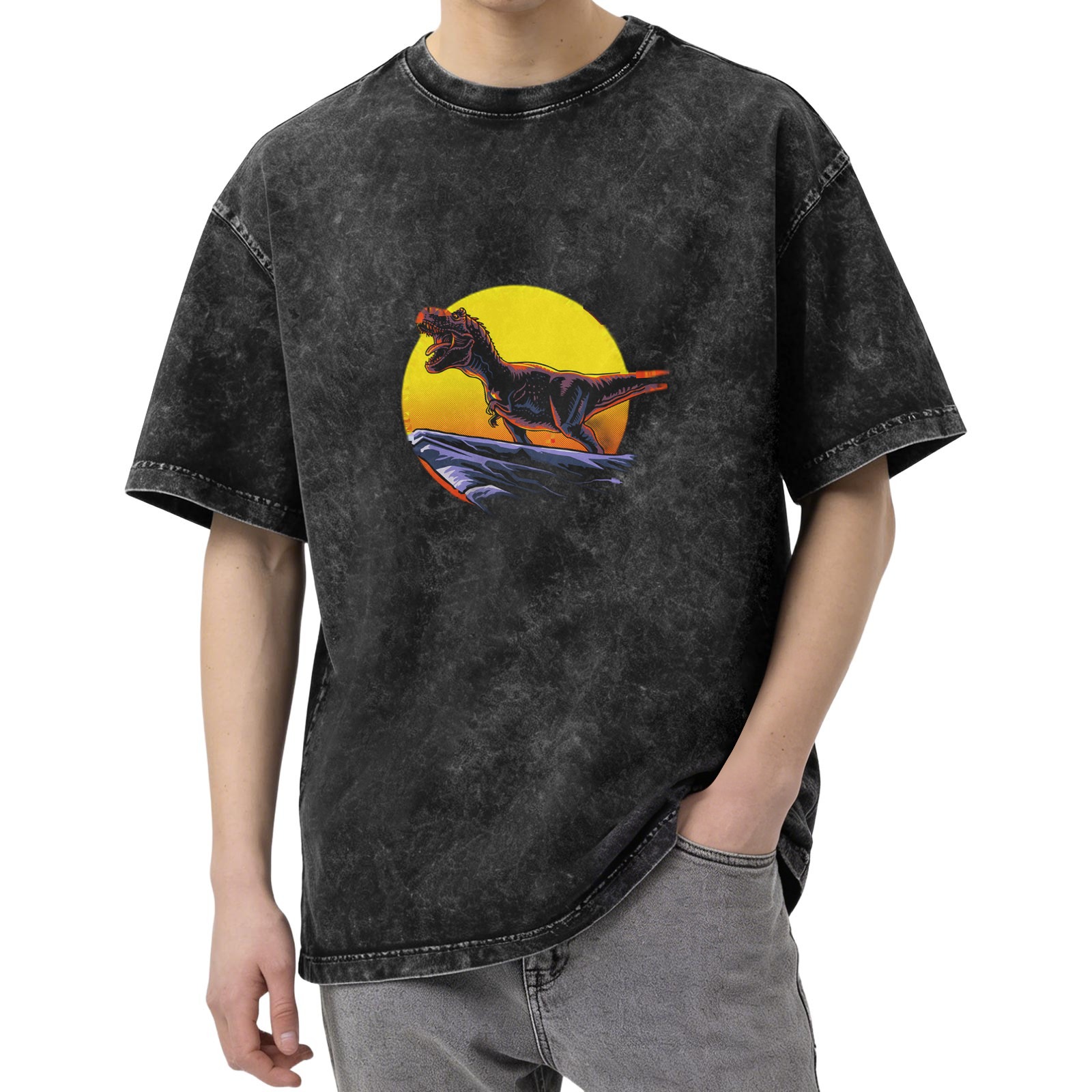 Oversized Acid Wash T-Shirt with T-Rex Sunset Graphic
