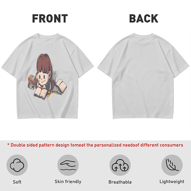 Olive T-shirt with Charming Girl Reading Books Graphic