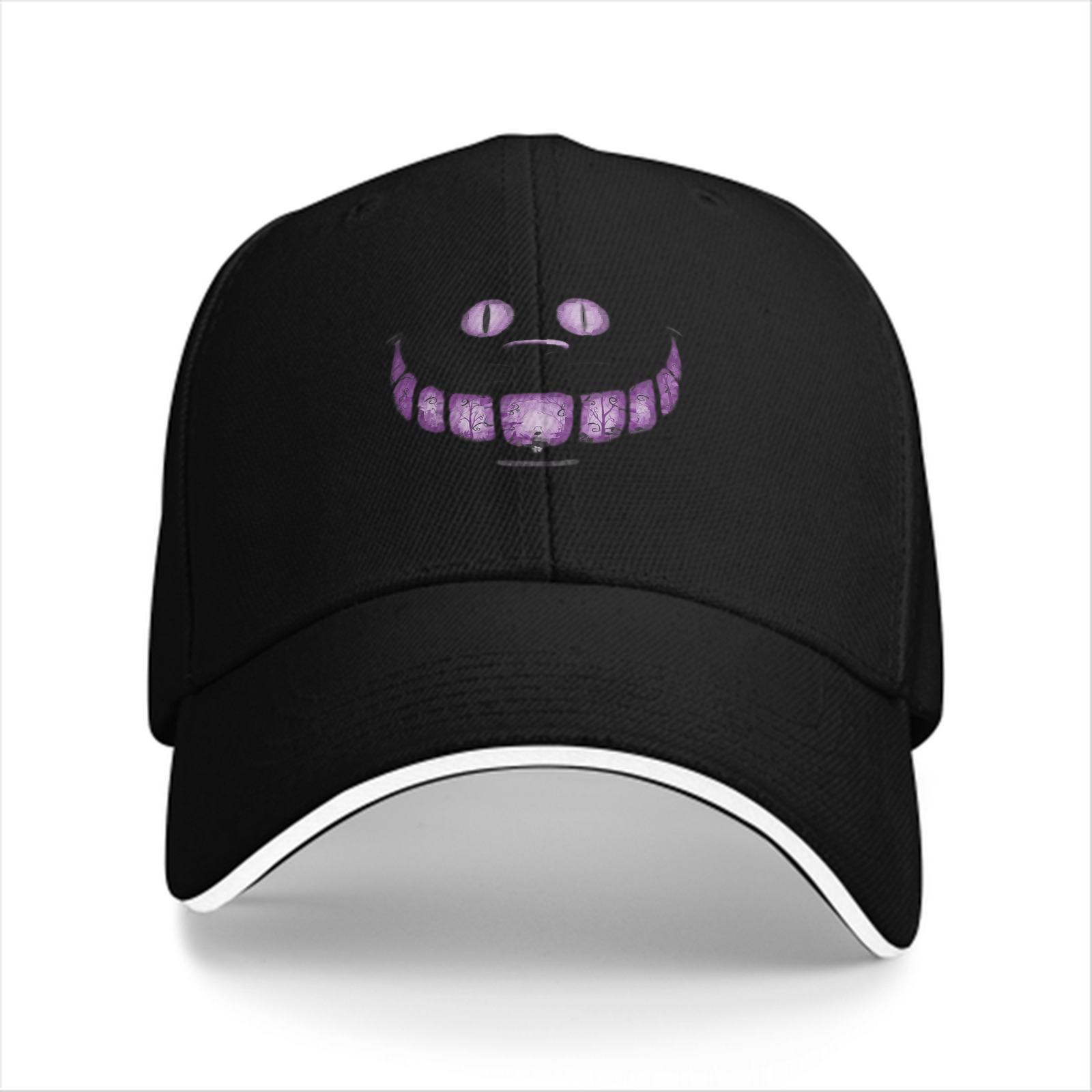 Black Baseball Cap with Cheshire Cat Purple Grin Print