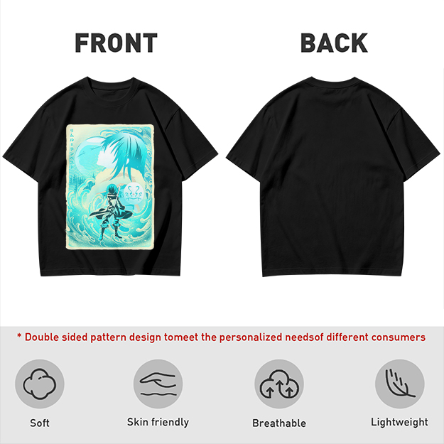 Anime character water design graphic dark green t-shirt