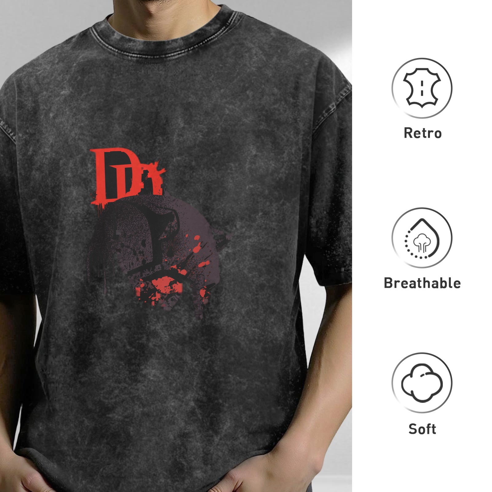 Oversized Dark Wash Graphic T-Shirt With Red D Logo And Skull Art