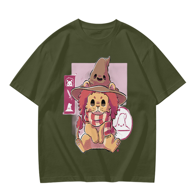 Olive T-Shirt With Cute Lion Wizard Graphic Print