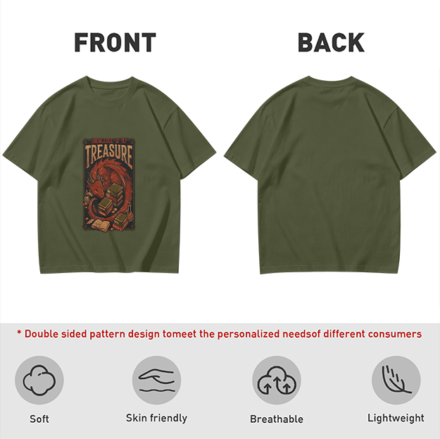 Olive green t-shirt with red dragon and 'Knowledge is my treasure' print