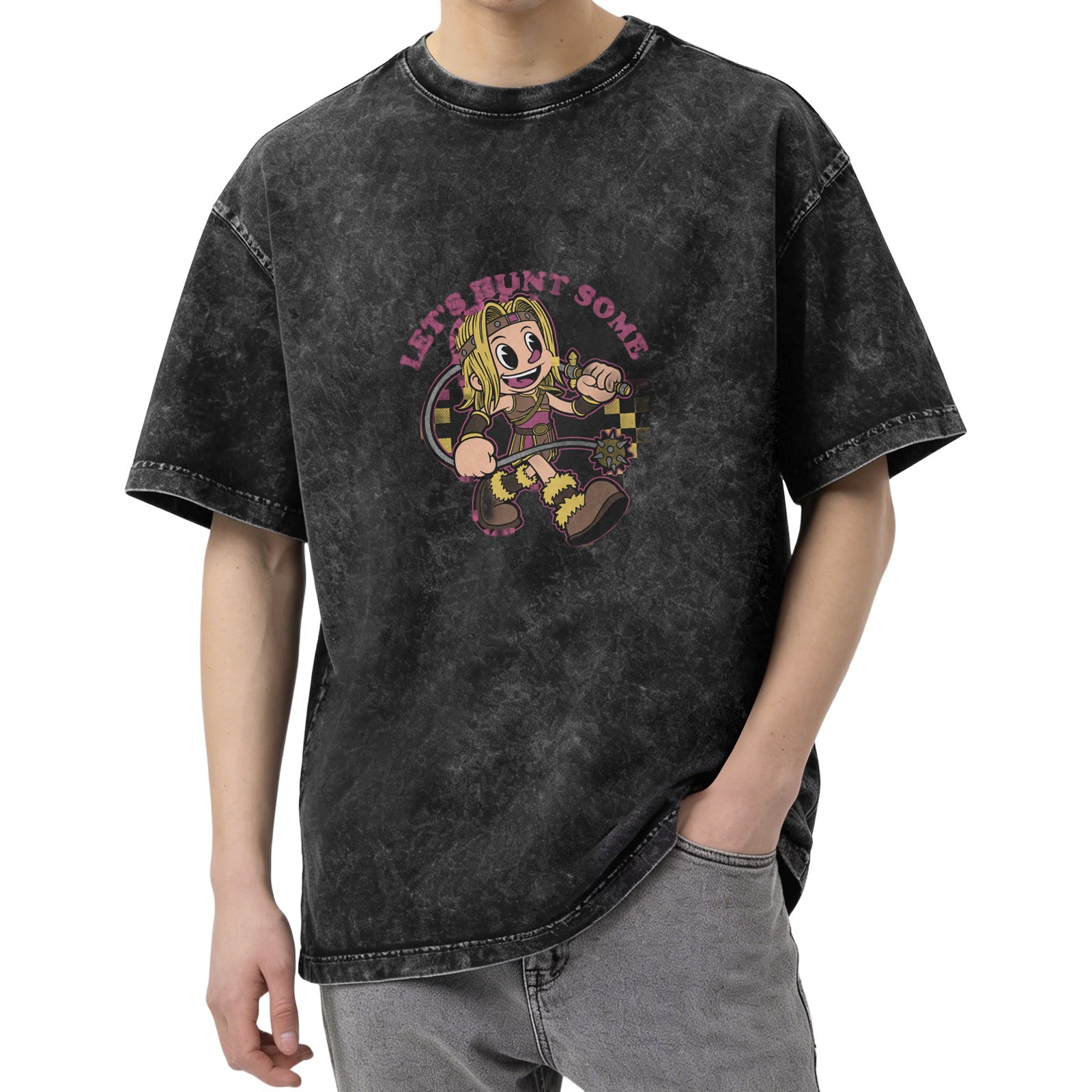 Washed black graphic t-shirt with cartoon warrior and 'LET'S HUNT SOME' text