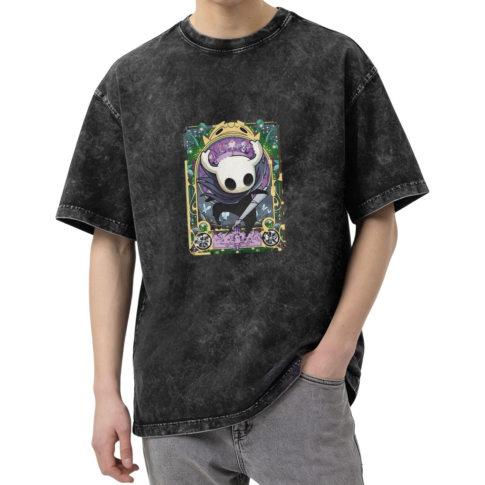 Hollow Knight themed distressed washed black loose short-sleeved T-shirt