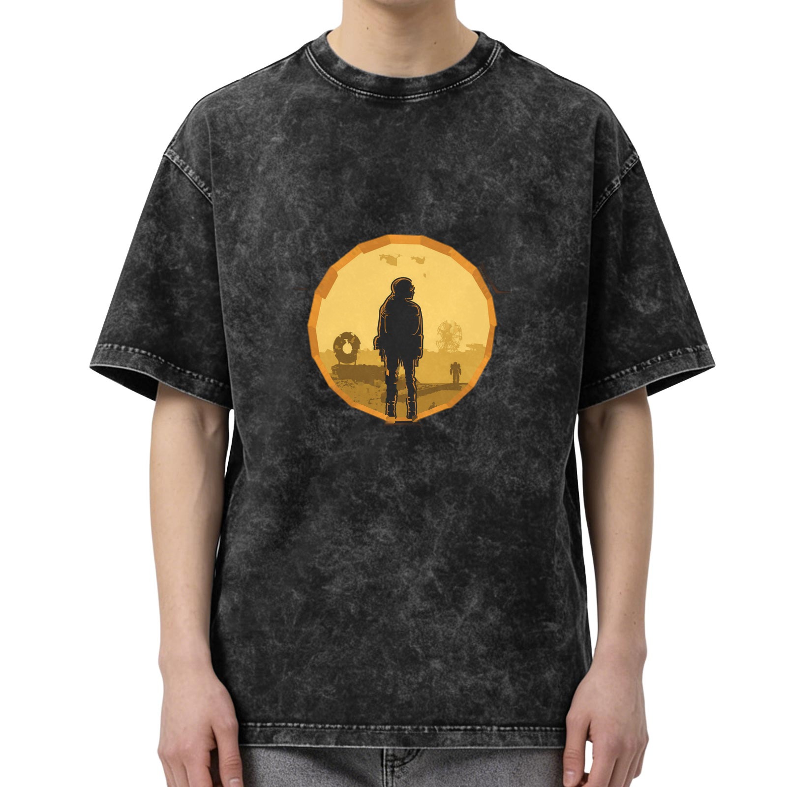 Washed Black Graphic T-Shirt with Lone Figure Silhouette Design