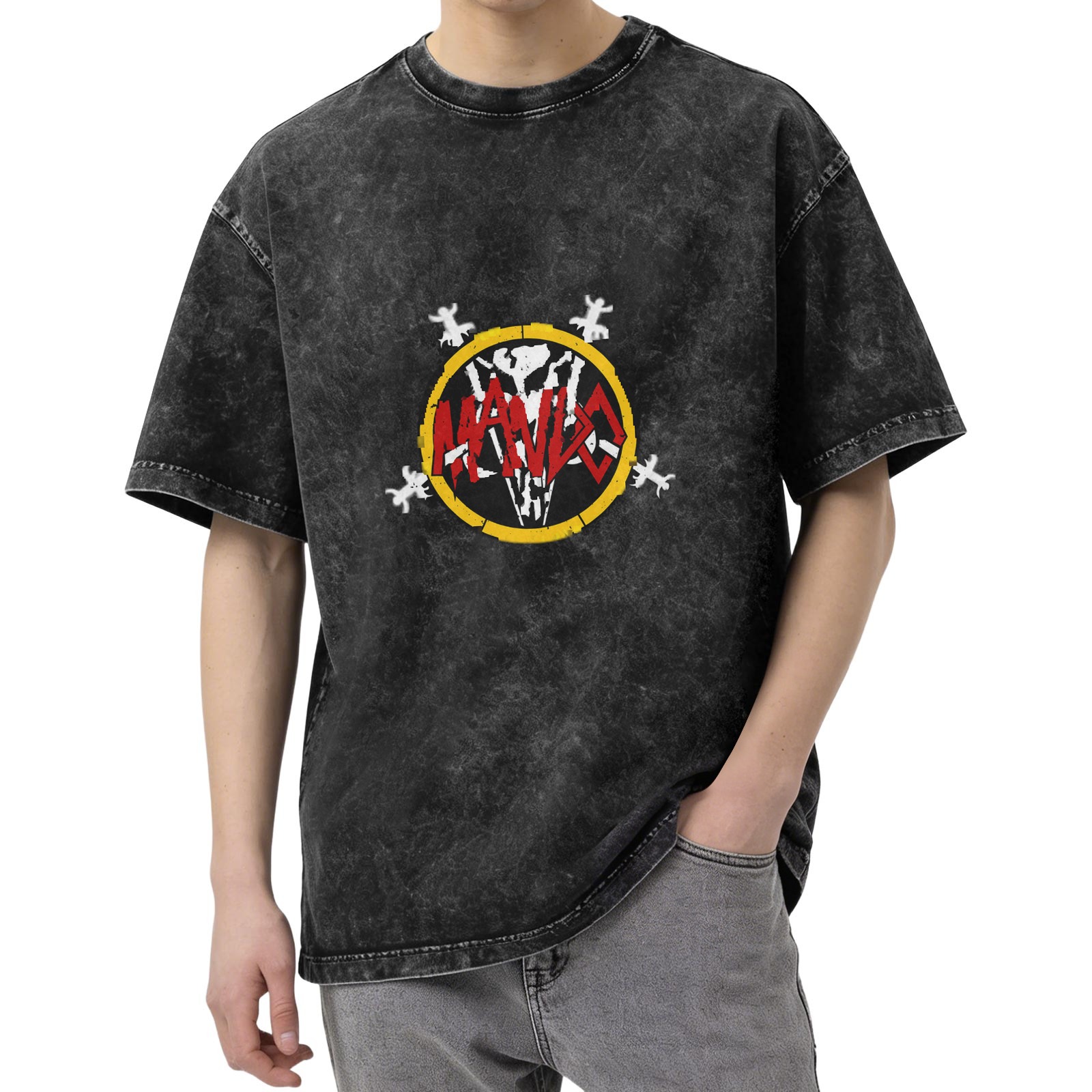 Washed Black Graphic T-Shirt With Skull And Red Text Design