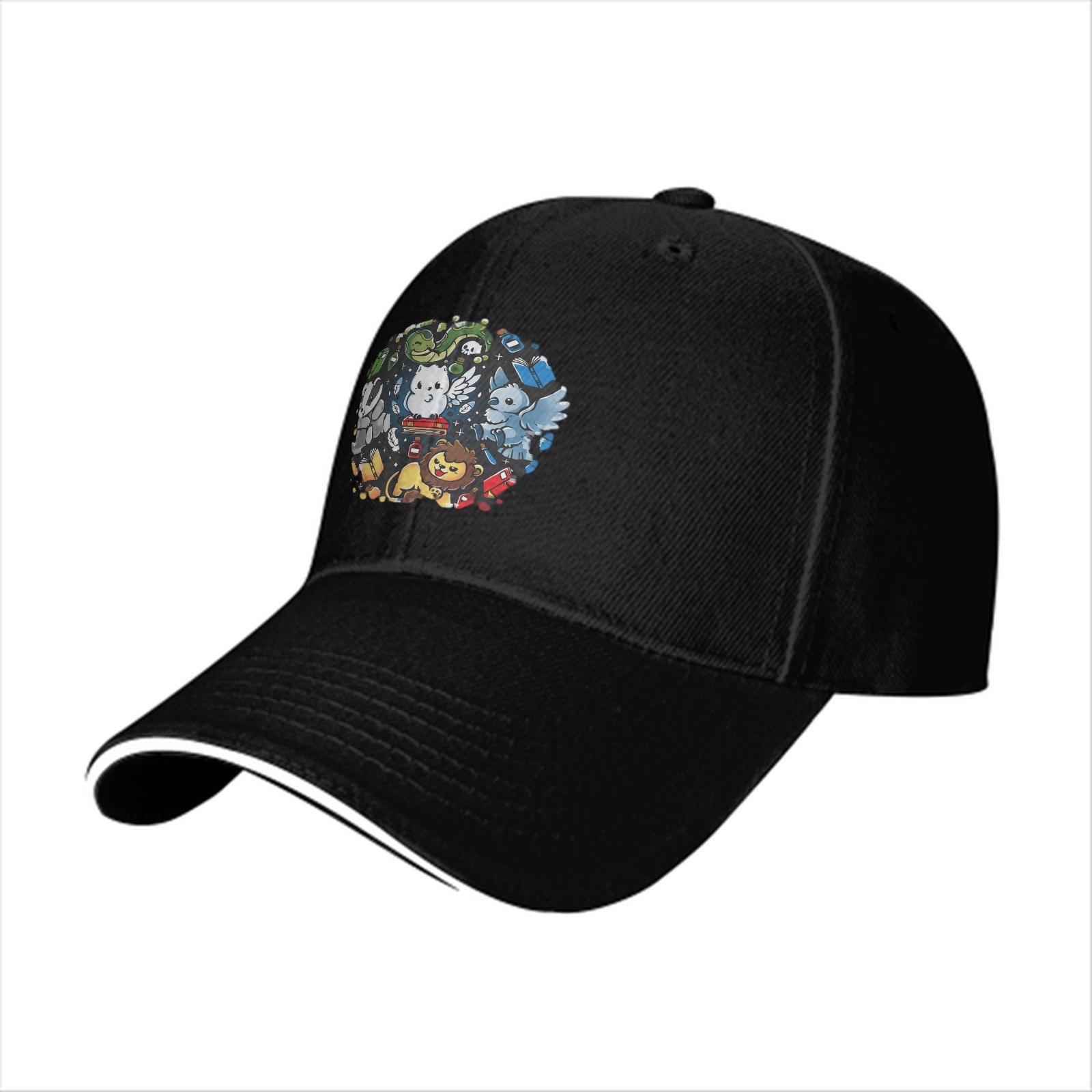 Black Baseball Cap With Cute Magical Creatures Graphic Design