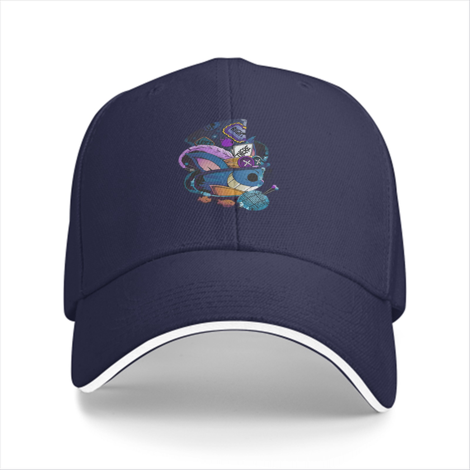 Black baseball cap with whimsical blue creature graphic