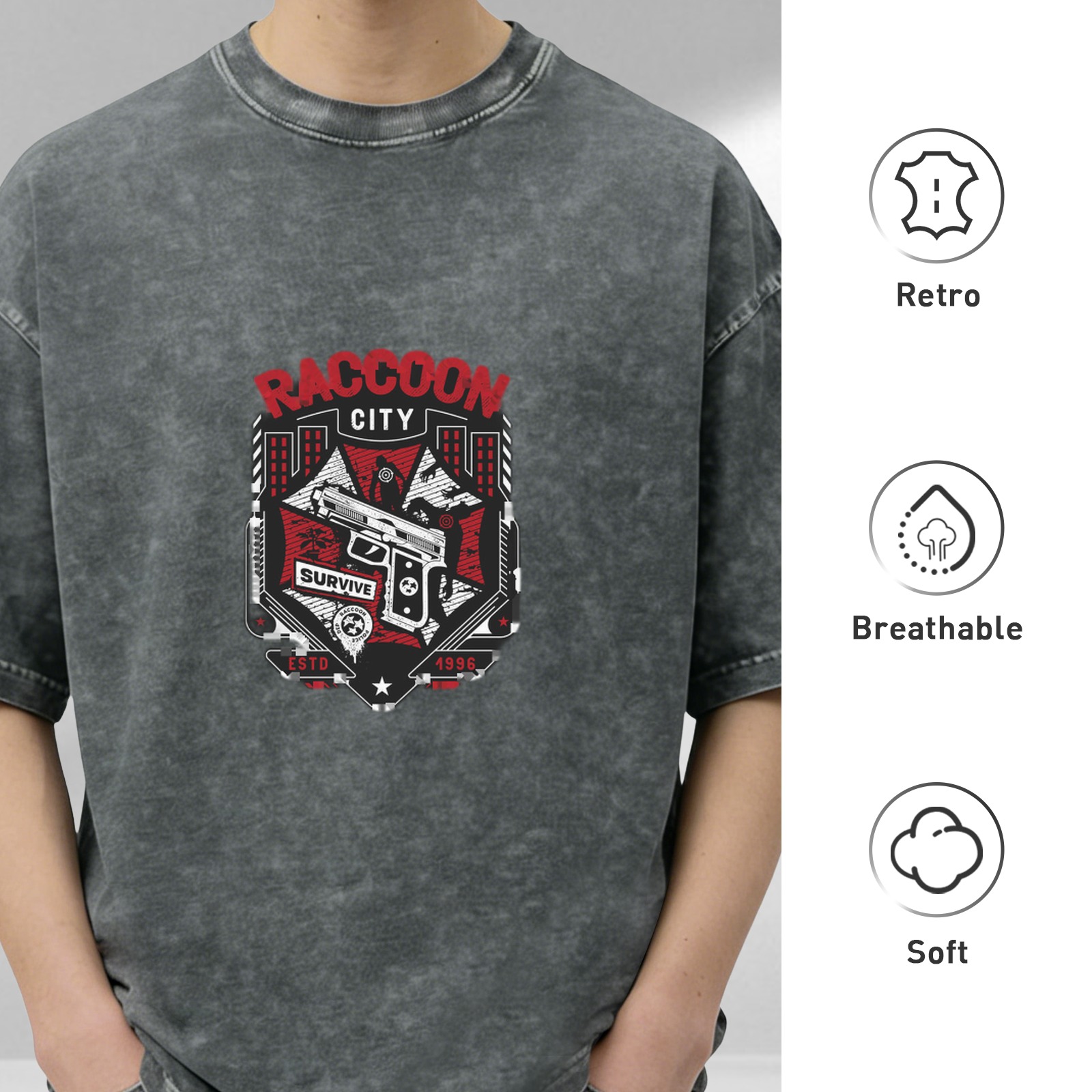 Raccoon City Survive Graphic Acid Wash Black T-Shirt