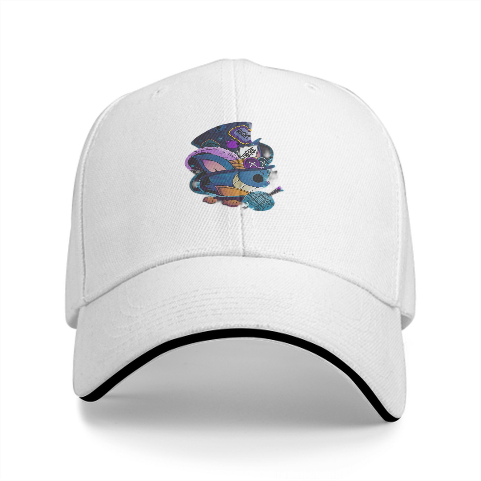 Black baseball cap with whimsical blue creature graphic