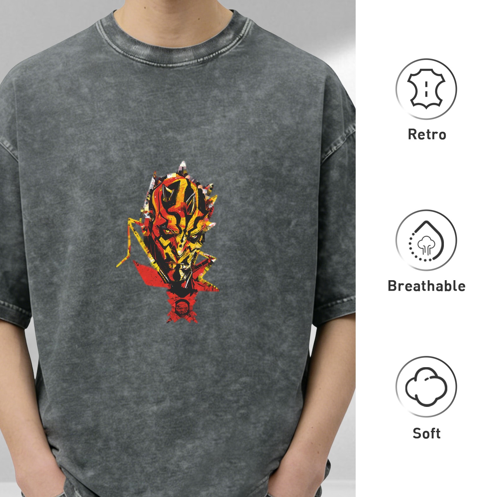 Oversized Acid Wash T-Shirt With Fiery Alien Warrior Graphic