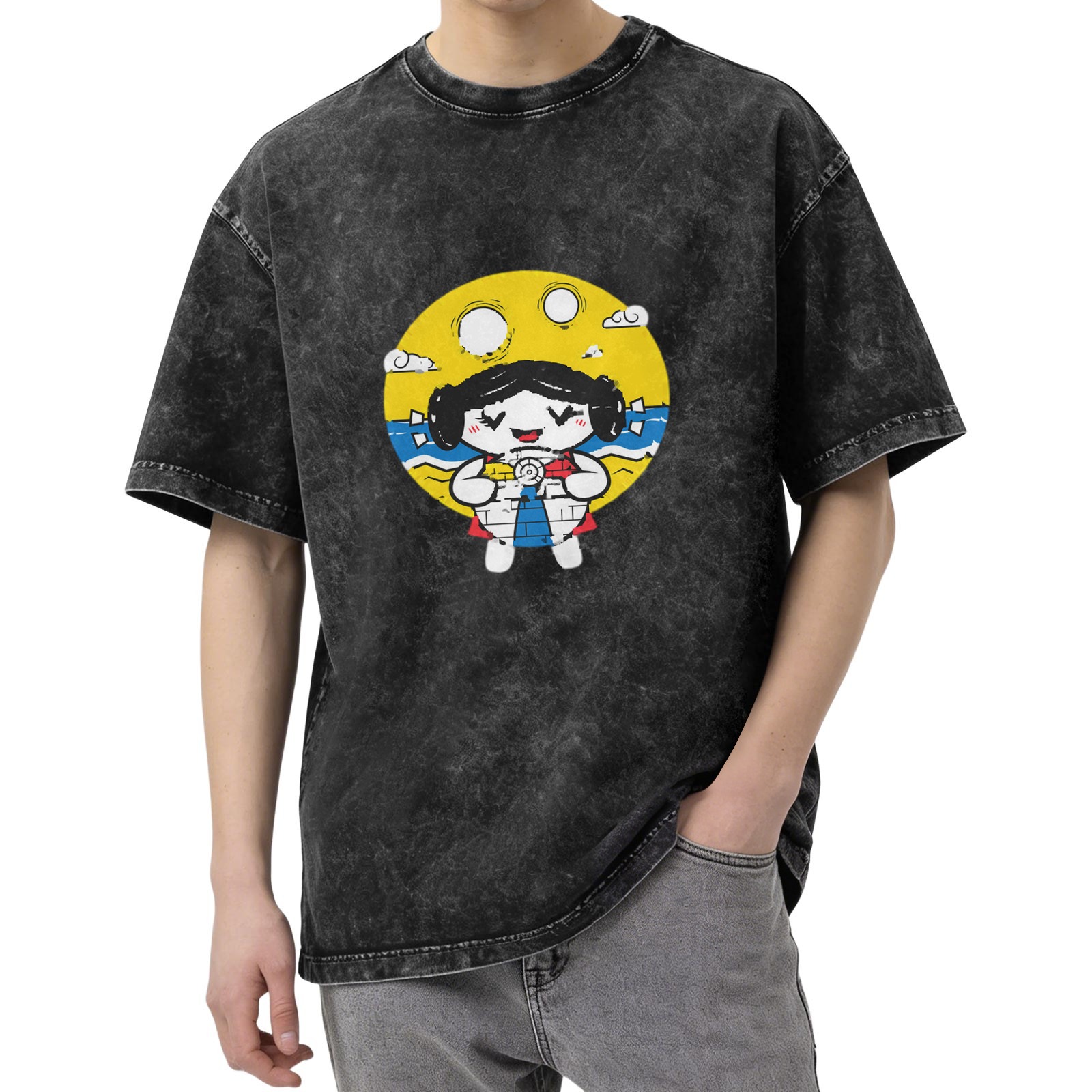Washed Black T-Shirt With Cute Beach Girl Graphic Print