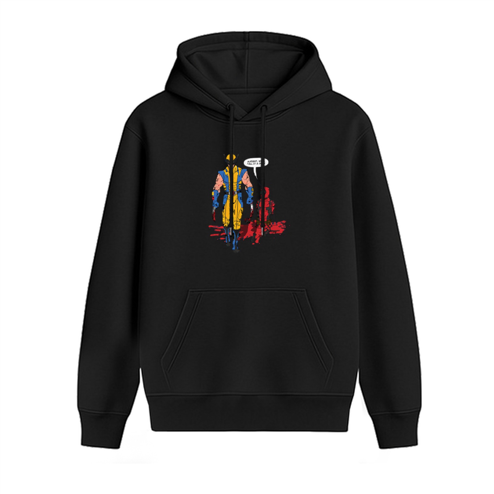 Black hoodie with Wolverine and Deadpool comic print