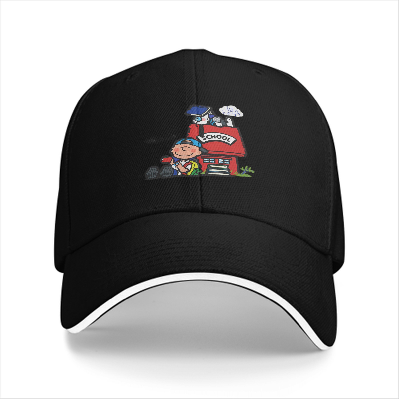 Black Baseball Cap With School Themed Cartoon Print