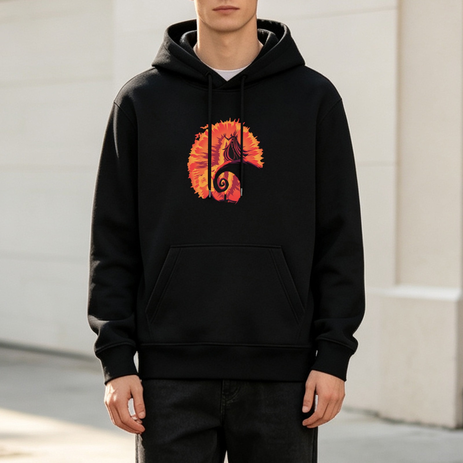 Black hoodie with fiery spiral and wizard silhouette graphic